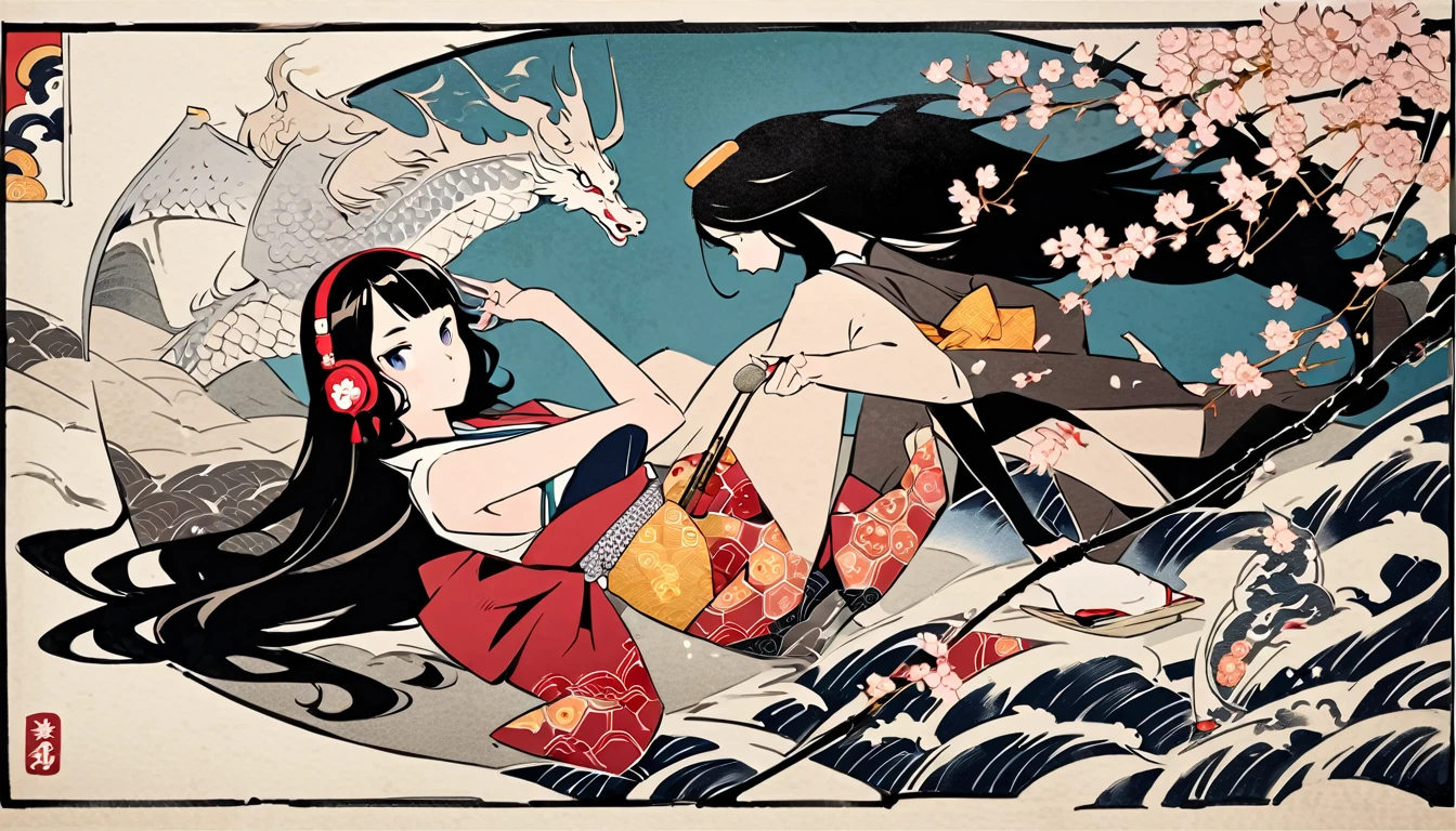 Highest quality, Katsushika Hokusai, Ink Painting, (((very straight longhair))), (((1 girl))), (((cherry blossoms))), Japanese style headphones, beautiful girl, Black Hair, Delicate and precise, Modern ukiyo-e style, white dragon