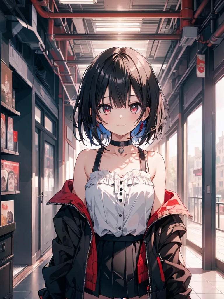 (masterpiece, highest quality, highest quality, (No text), Beautiful and aesthetic:1.2),No text,アニメ、BREAK,One Girl，Black Hair Girl　short hair　older sister　choker　Tree Eyes　Beautiful eyes　Red eyes　cool　smile　Red and Black　Black jacket　mini skirt　whole body　In town