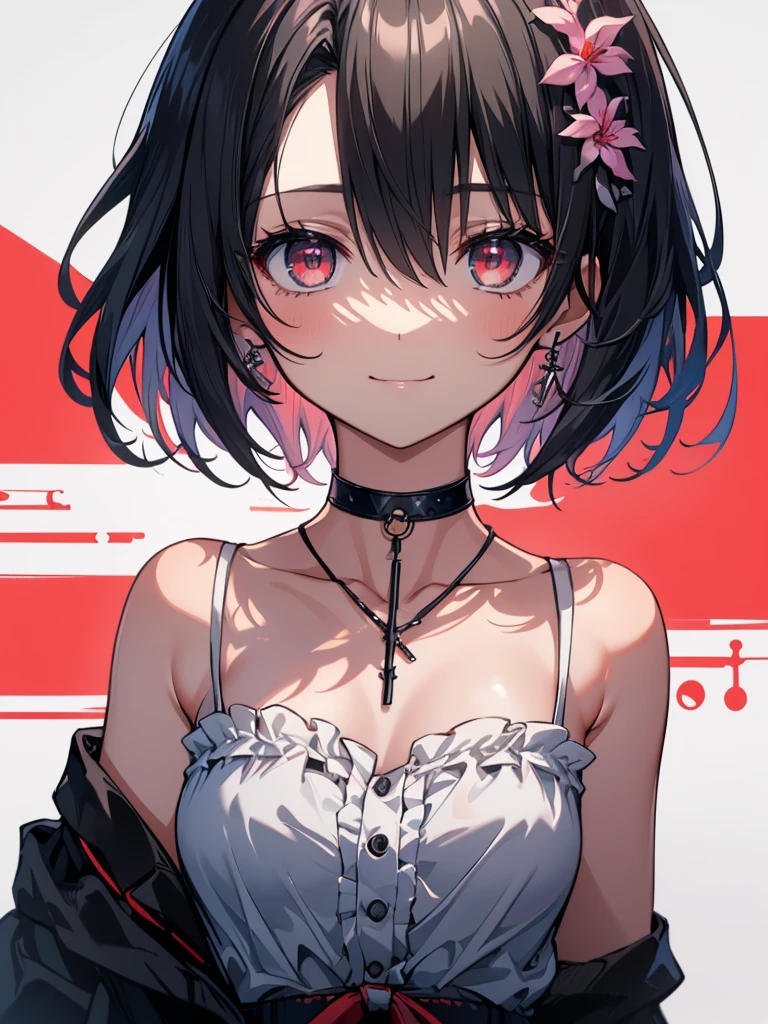 (masterpiece, highest quality, highest quality, (No text), Beautiful and aesthetic:1.2),No text,アニメ、BREAK,One Girl,Black Hair Girl short hair older sister choker Tree Eyes Beautiful eyes Red eyes cool smile Red and Black Black jacket mini skirt whole body In town