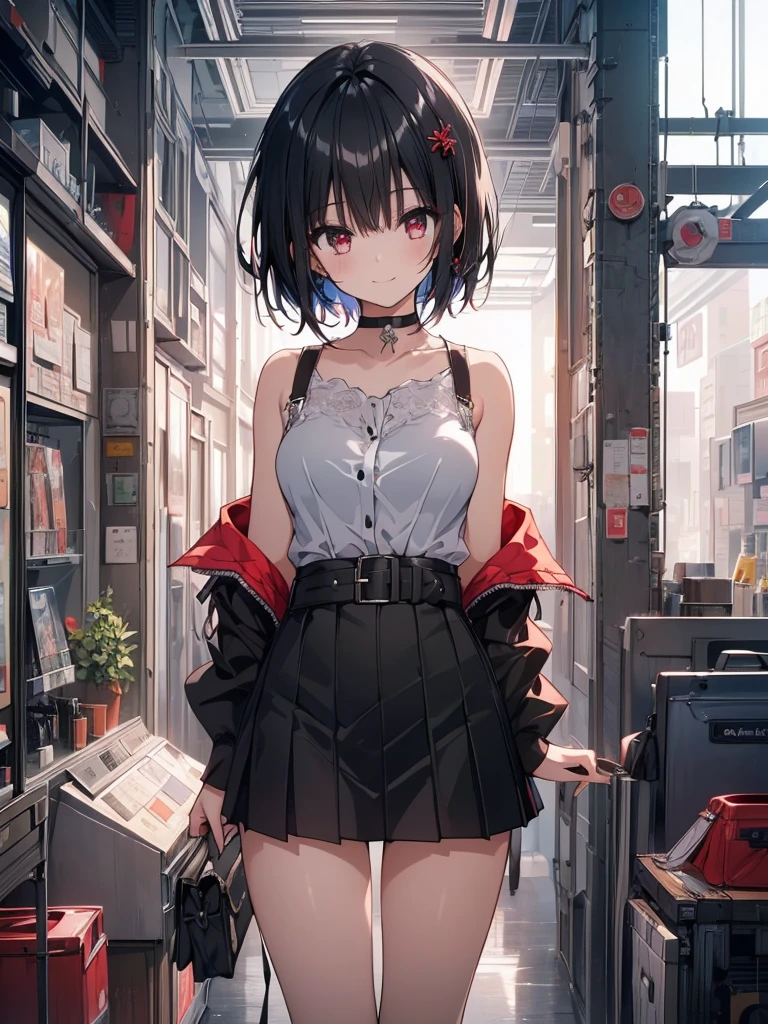 (masterpiece, highest quality, highest quality, (No text), Beautiful and aesthetic:1.2),No text,アニメ、BREAK,One Girl,Black Hair Girl short hair older sister choker Tree Eyes Beautiful eyes Red eyes cool smile Red and Black Black jacket mini skirt whole body In town