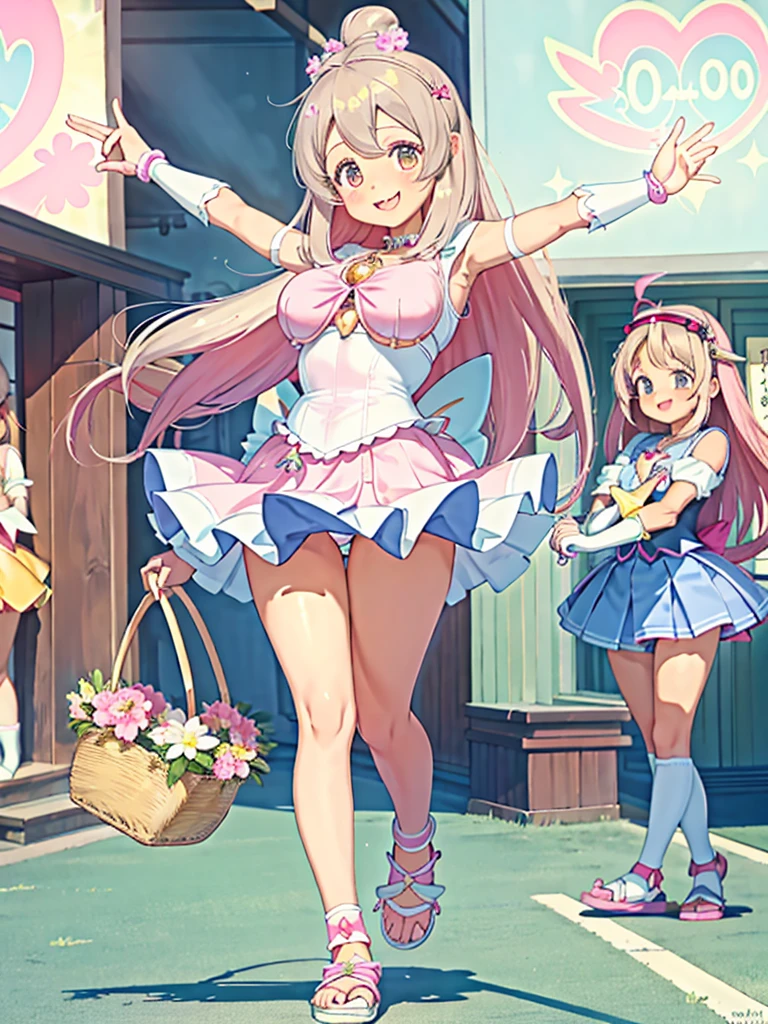detailed background、highest quality、teenage beauty((3 people:1.5))、cute hairstyle、Japanese:1.5,huge breasts、smile、(very tight magical girl:1.4)、Choose tight magical girl clothes with floral patterns or pastel colors、Pair your feet with flat sandals or sneakers..、Add accents with a basket bag or headband、By incorporating spring-like bright colors and patterns,Creates a gorgeous and cute impression,(Armpit milk:40%),(Underboob:70%)
,(skirt lift:30%)