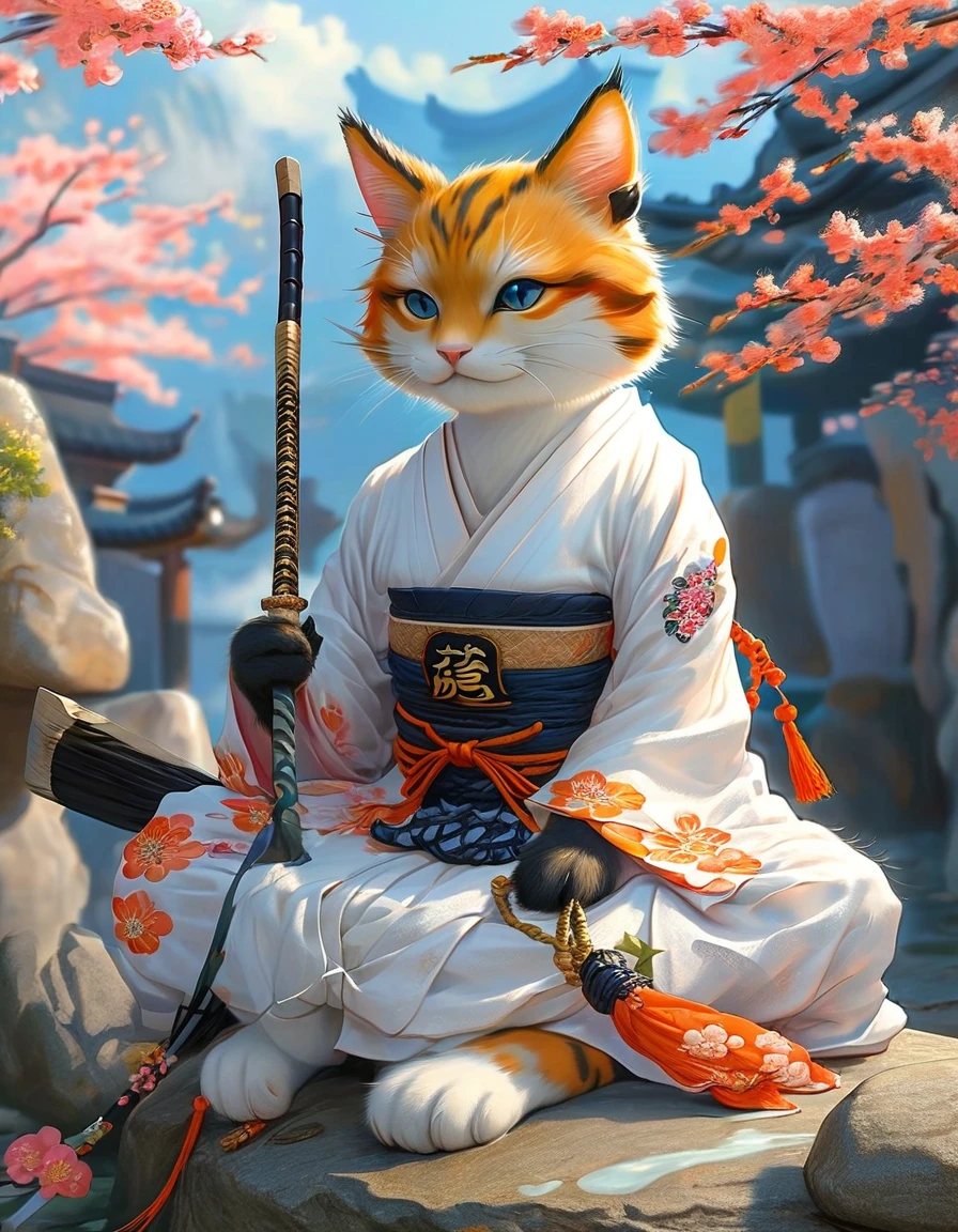 A picture of a cat wearing a kimono, sitting on a stone, warrior cat, Anthropomorphic cat ninja, feudal japan art, holding a naginata, Inspired by Koson Ohara, Tabaqui the Monk, Very very beautiful furry art, The fox and the bush, warrior, Japanese art style