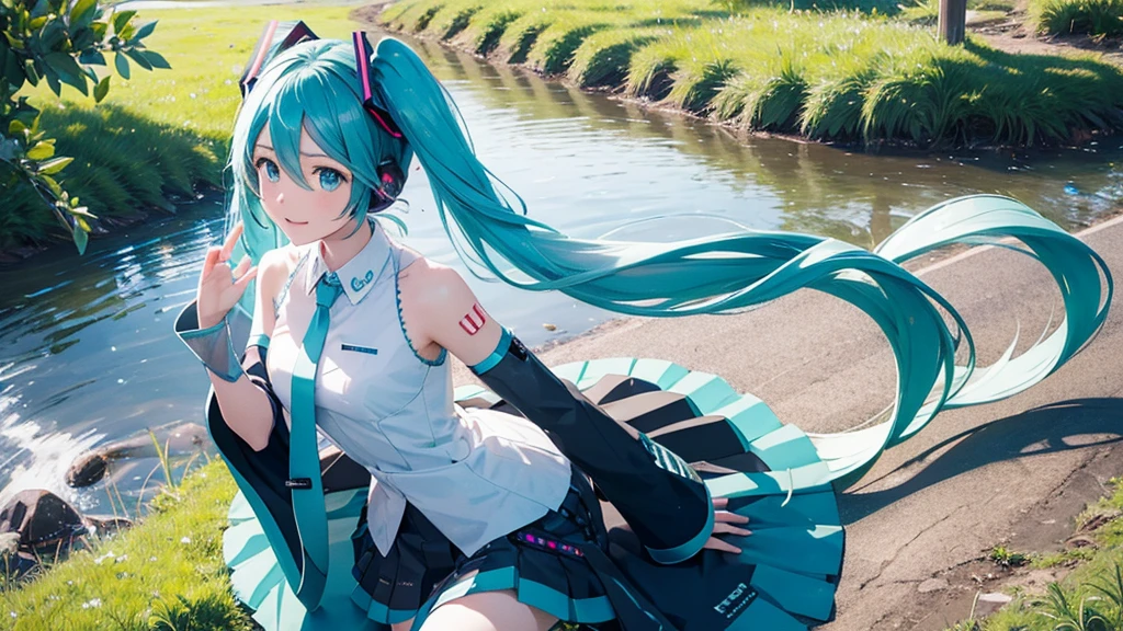 There is Hatsune Miku and an Irish meadow in the background.。
