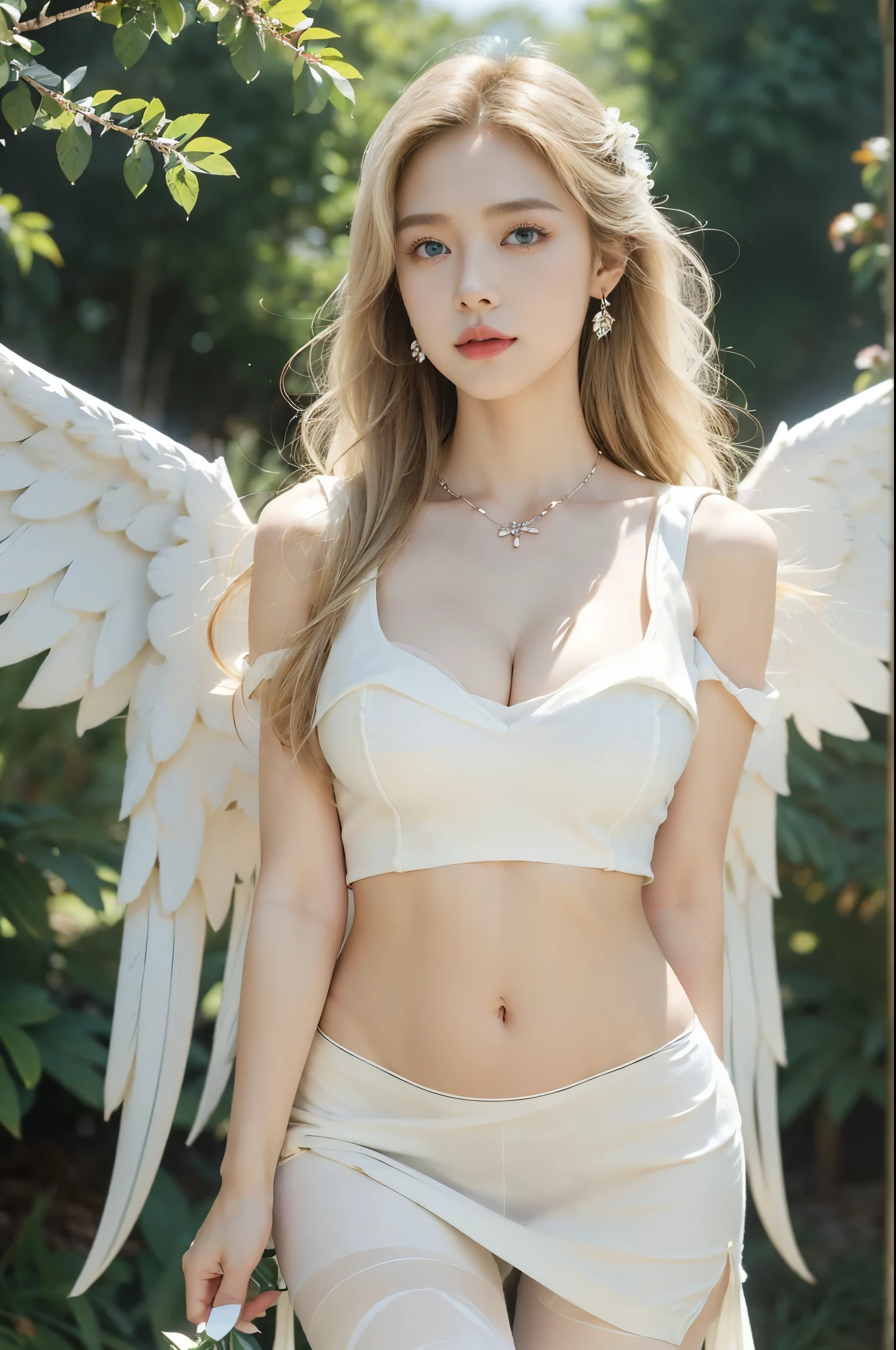 (((best quality))), (((ultra detailed))), (((masterpiece))), illustration,((1 beautiful ,solo,angel)),((fair skin,shoulder length straight blonde hair,blue eyes)),(earrings,crystal necklace),((slim,thin)),(((gigantic breasts,towhest,cleavage))),joyfulion,(white wings:1.3),(flowing short-sleeved white sheer dress:1.3),((In heaven, garden setting)), vibrant flowers,(colorful flowers:1.3),lush grass, gentle breeze, (clear sky, fluffy clouds, shining sun),((navel)),((from front,standing,upper body,arms behind back)),((pantyhose))