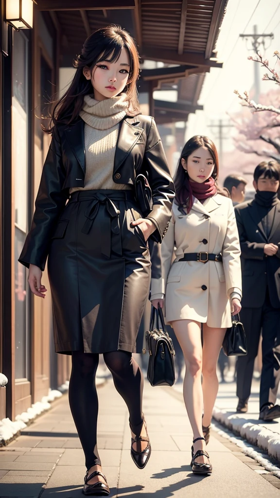 Beautifully dressed young woman, realistic image Living with the aesthetics, atmosphere, strolling around the Japanese city. There are cherry blossoms and snow. Wide viewing angle