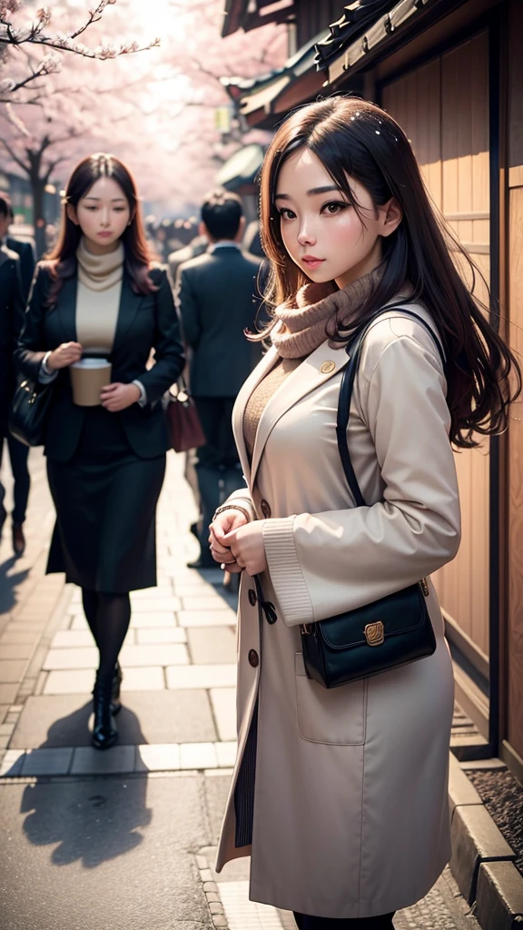 Beautifully dressed young woman, realistic image Living with the aesthetics, atmosphere, strolling around the Japanese city. There are cherry blossoms and snow. Wide viewing angle
