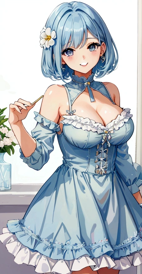 Highest quality、High resolution、masterpiece、Cute anime-style illustrations、One image、One Woman、Light blue hair、Short Bob、Grey Eyes、White Cami Dress、Big Breasts、Stylish older sister、smile、city


