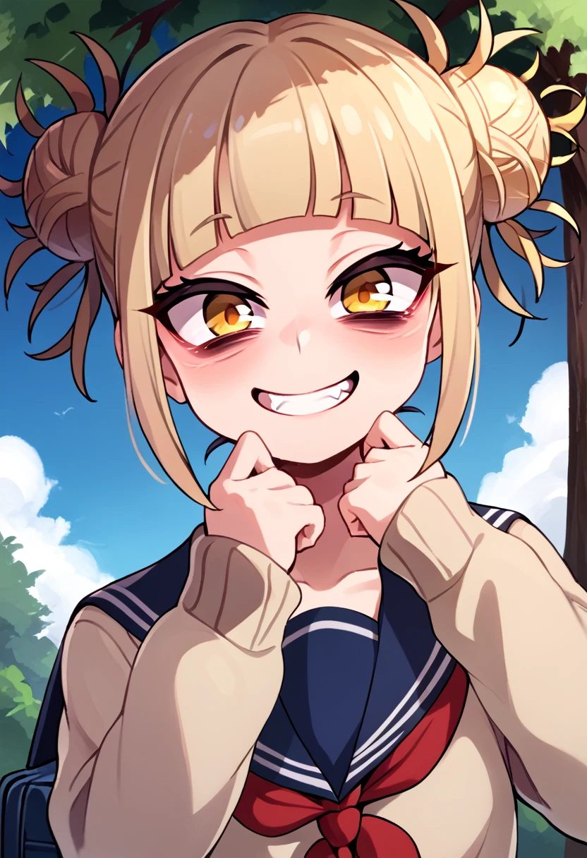 
score_9_up, score_8_up, score_7_up, source_anime,high resolution 
 Himiko Toga, 1girl, toga himiko, double bun, solo, hair bun, bangs, yellow eyes, sky, day, blonde hair, messy hair, looking at viewer, cloud, blush, blunt bangs, outdoors, blue sky, neckerchief, red neckerchief, school uniform, upper body, closed mouth, scarf, sidelocks, bags under eyes, sailor collar, teeth, serafuku, tree, frown, short hair, cardigan, smile, fang, half close eyes