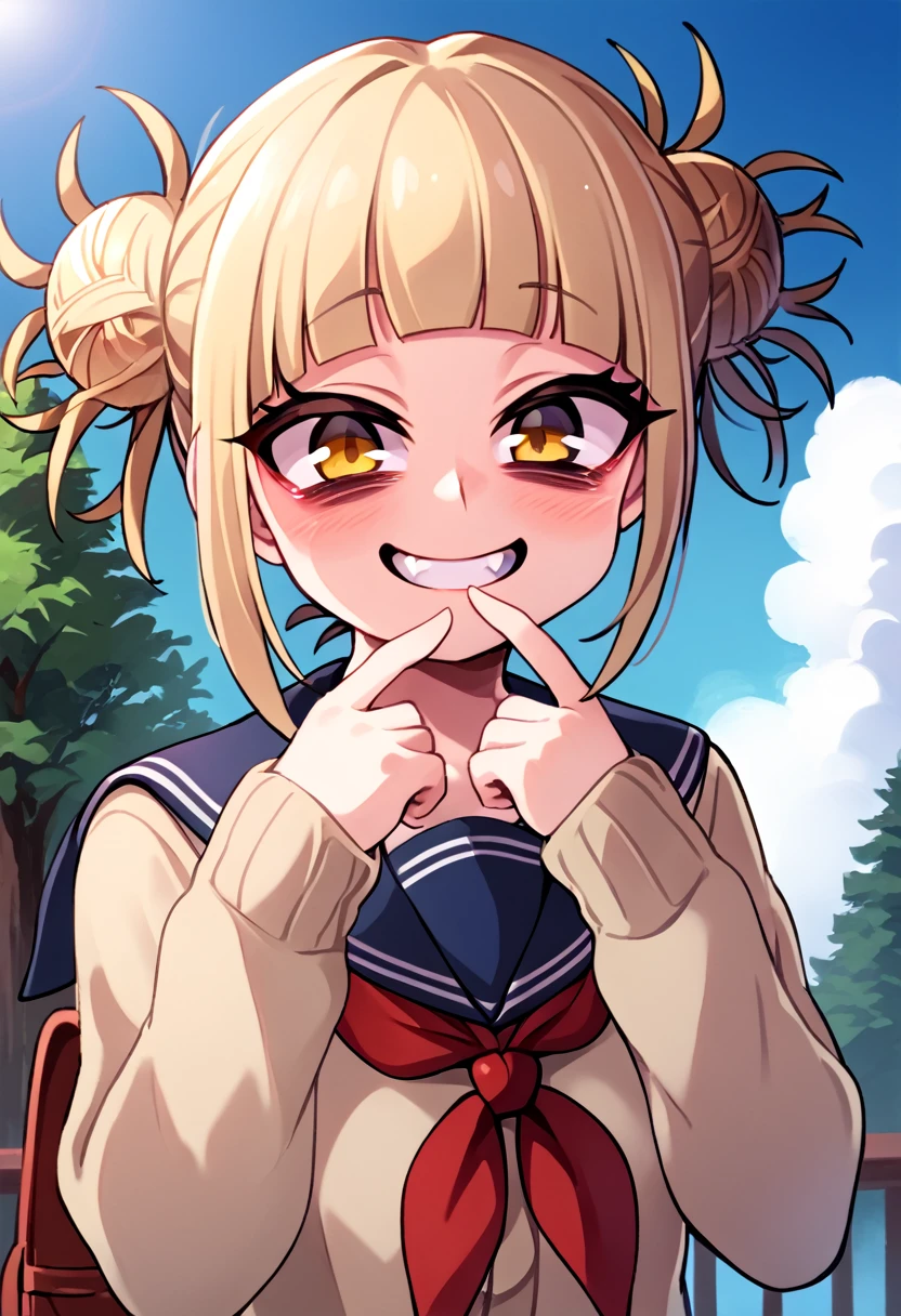 
score_9_up, score_8_up, score_7_up, source_anime,high resolution 
 Himiko Toga, 1girl, toga himiko, double bun, solo, hair bun, bangs, yellow eyes, sky, day, blonde hair, messy hair, looking at viewer, cloud, blush, blunt bangs, outdoors, blue sky, neckerchief, red neckerchief, school uniform, upper body, closed mouth, scarf, sidelocks, bags under eyes, sailor collar, teeth, serafuku, tree, frown, short hair, cardigan, smile, fang, half close eyes