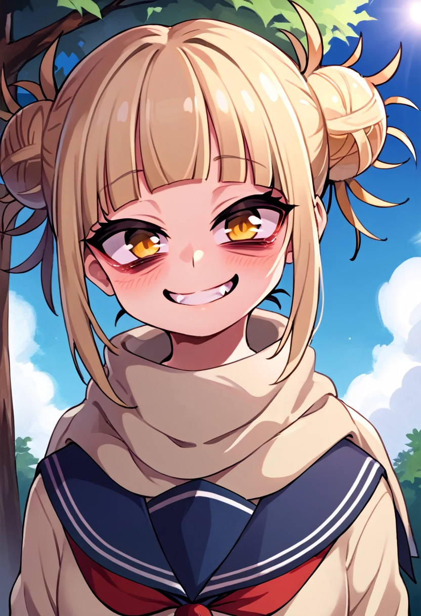 
score_9_up, score_8_up, score_7_up, source_anime,high resolution 
 Himiko Toga, 1girl, toga himiko, double bun, solo, hair bun, bangs, yellow eyes, sky, day, blonde hair, messy hair, looking at viewer, cloud, blush, blunt bangs, outdoors, blue sky, neckerchief, red neckerchief, school uniform, upper body, closed mouth, scarf, sidelocks, bags under eyes, sailor collar, teeth, serafuku, tree, frown, short hair, cardigan, smile, fang, half close eyes