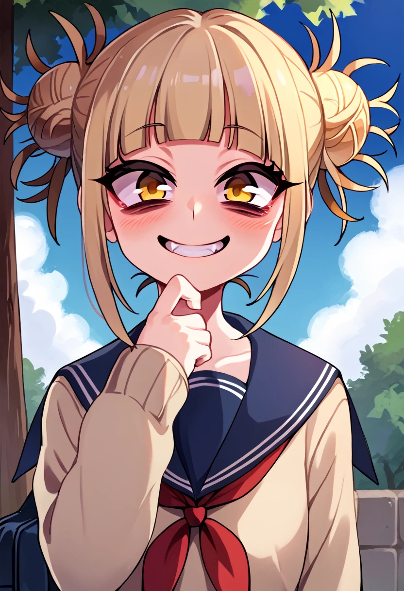 
score_9_up, score_8_up, score_7_up, source_anime,high resolution 
 Himiko Toga, 1girl, toga himiko, double bun, solo, hair bun, bangs, yellow eyes, sky, day, blonde hair, messy hair, looking at viewer, cloud, blush, blunt bangs, outdoors, blue sky, neckerchief, red neckerchief, school uniform, upper body, closed mouth, scarf, sidelocks, bags under eyes, sailor collar, teeth, serafuku, tree, frown, short hair, cardigan, smile, fang, half close eyes