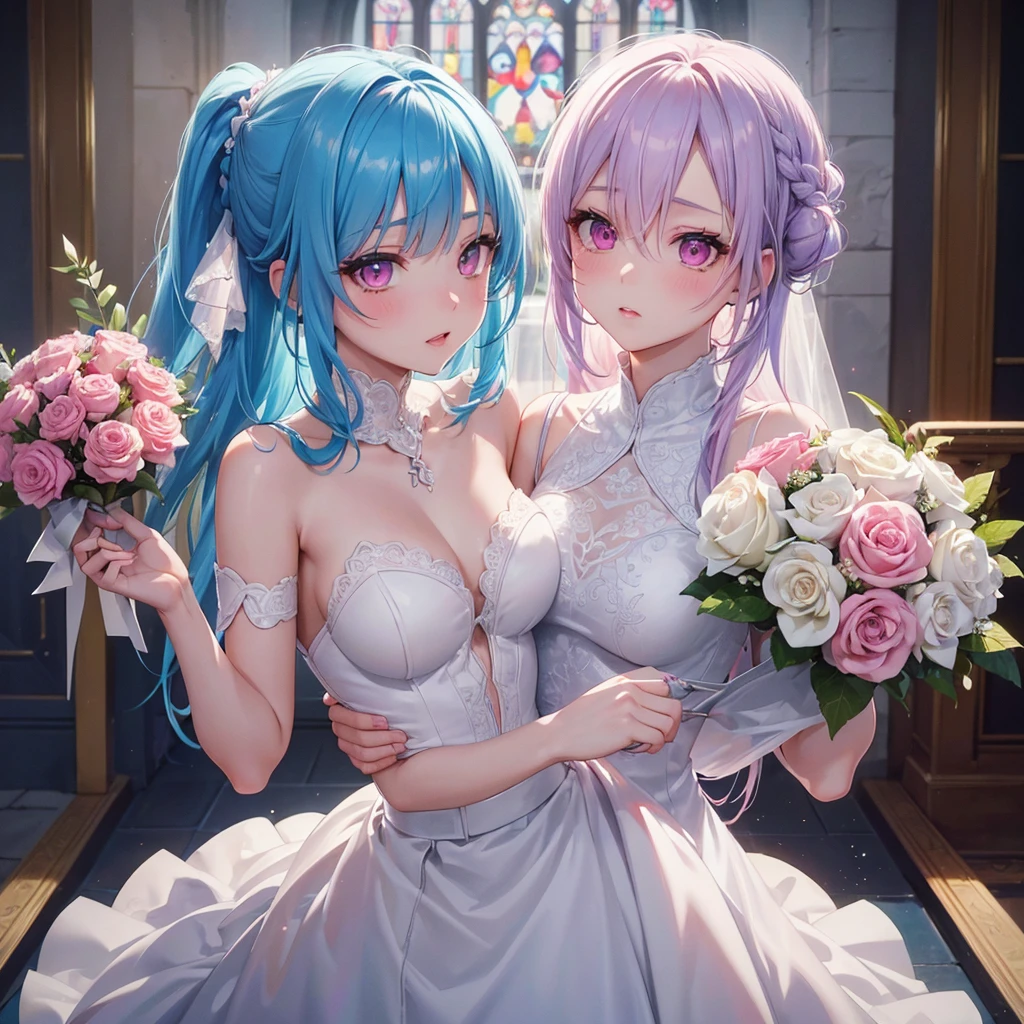 Sky blue hair, (One braided ponytail),(Pink Eyes),Fair skin ,(whole body),(One girl),bride,(Ahegao),Straight bangs, 6月のbride,Wedding dress,(masterpiece, Highest quality, Very detailed, Best Shadow), (Detailed Background), (Beautifully detailed face), High Contrast, (Best lighting, Very delicate and beautiful), ((Cinematic Light)), colorful, Hyper Detail, Dramatic Light, Intricate details,Chapel background,A bouquet of roses in the right hand,Ring on left ring finger,