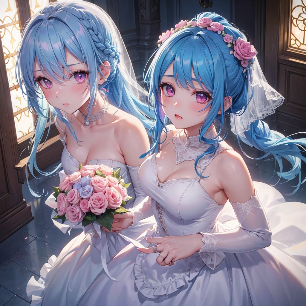 Sky blue hair, (One braided ponytail),(Pink Eyes),Fair skin ,(whole body),(One girl),bride,(Ahegao),Straight bangs, 6月のbride,Wedding dress,(masterpiece, Highest quality, Very detailed, Best Shadow), (Detailed Background), (Beautifully detailed face), High Contrast, (Best lighting, Very delicate and beautiful), ((Cinematic Light)), colorful, Hyper Detail, Dramatic Light, Intricate details,Chapel background,A bouquet of roses in the right hand,Ring on left ring finger,