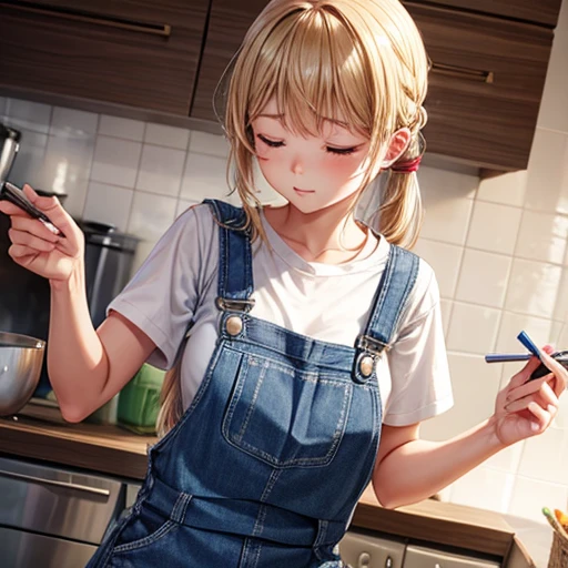 A woman making udon noodles　Eyes closed　Overalls