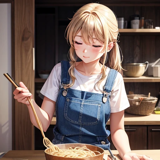 A woman making udon noodles Eyes closed Overalls