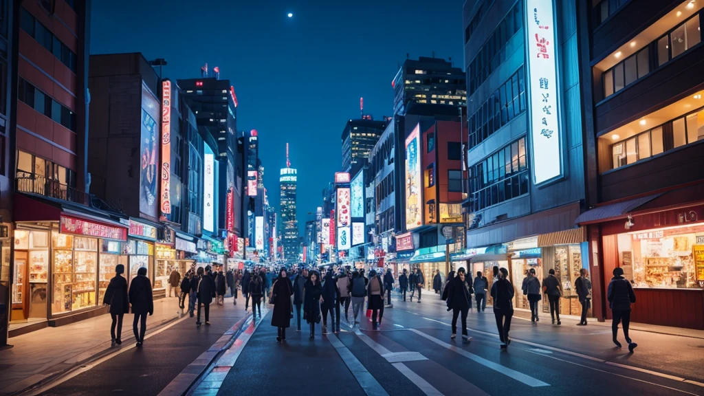 Anime Style、Fantastic night cityscape、People are walking