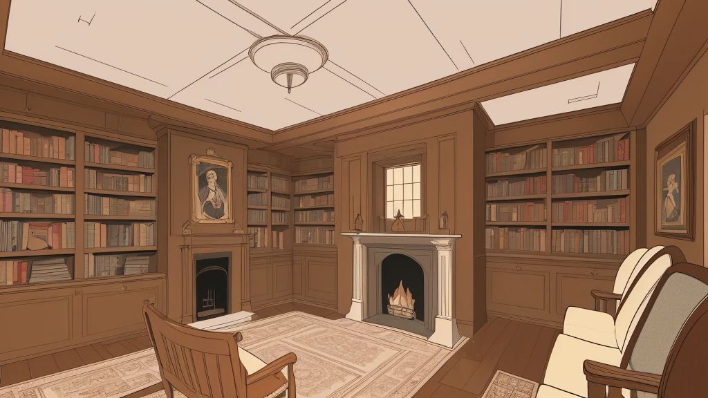 A cartoon drawing, a stylish and classic wide room with beautiful woodwork in the 1960s, lined with bookshelves and featuring a fireplace, plain floor and ceiling.