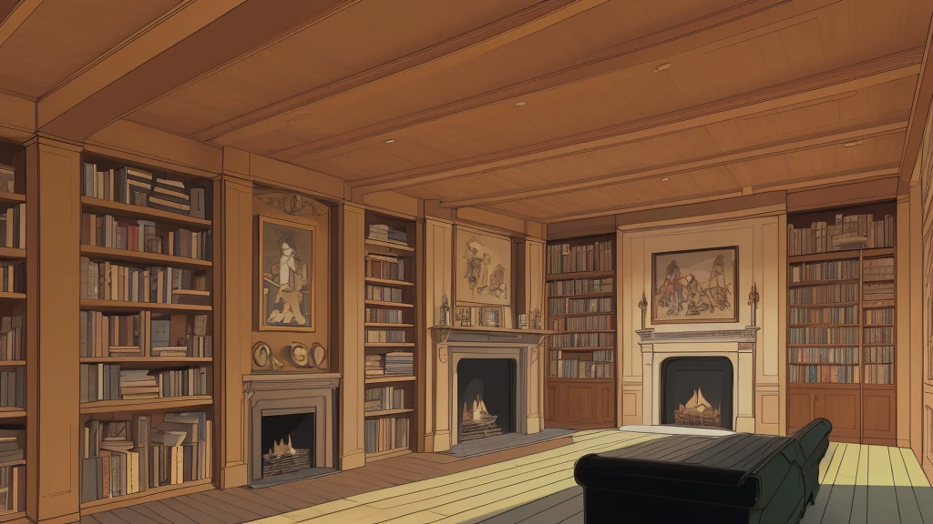 A cartoon drawing, a stylish and classic wide room with beautiful woodwork in the 1960s, lined with bookshelves and featuring a fireplace, plain floor and ceiling.
