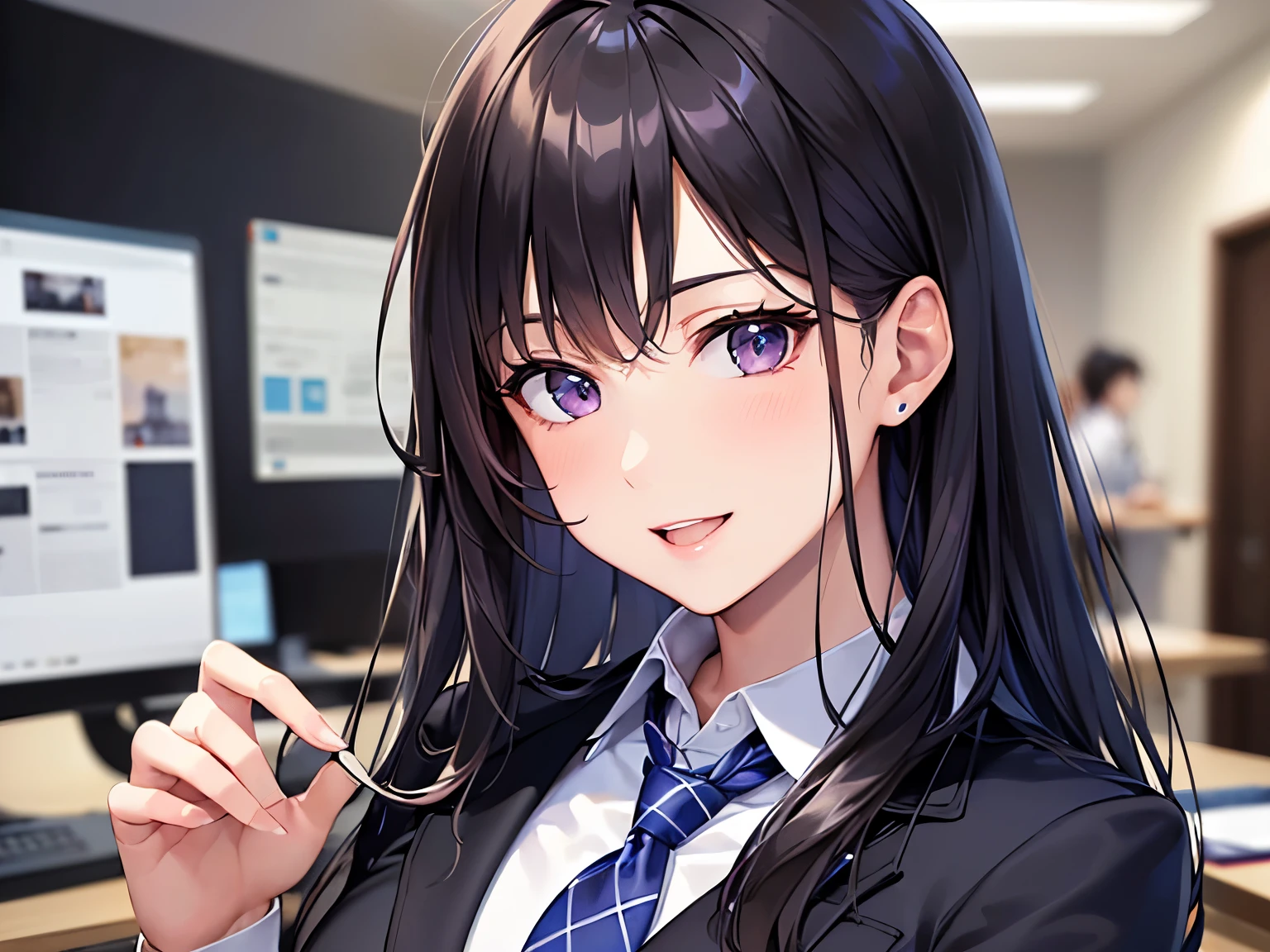 Detailed CG,Ultra-fine illustrations,masterpiece,Highest quality,AW Photo,Realistic,Upper Body,BREAK(business suit:1.5) and(White collared shirt:1.5)BREAK,(Pale skin:1.2),Glossy skin, shiny hair,(A 26-year-old woman with straight hair and bangs)and(Medium Hair)and(Black Hair)and(Purple eyes),(smile:1.4)and(open mouth),The background is the company's PC desk.,Alone