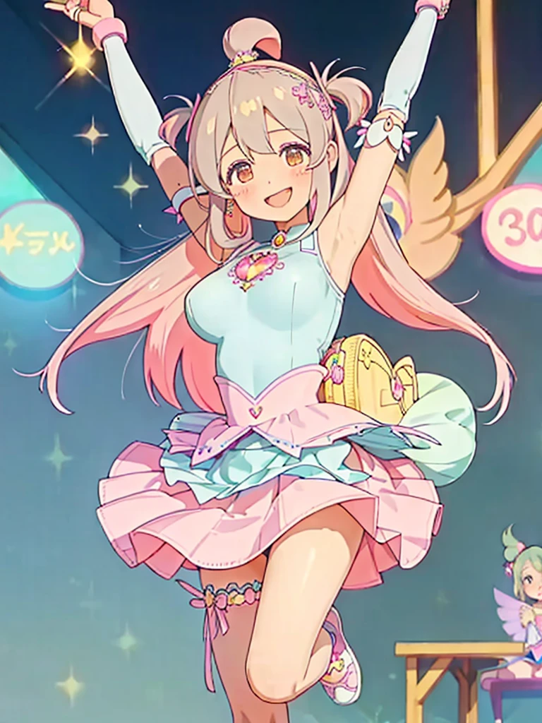 detailed background、highest quality、teenage beauty((3 people:1.5))、cute hairstyle、Japanese:1.5,huge breasts、smile、(very tight magical girl:1.4)、Choose tight magical girl clothes with floral patterns or pastel colors、Pair your feet with flat sandals or sneakers..、Add accents with a basket bag or headband、By incorporating spring-like bright colors and patterns,Creates a gorgeous and cute impression,(Armpit milk:40%),(Underboob:70%)
,(skirt lift:0%)