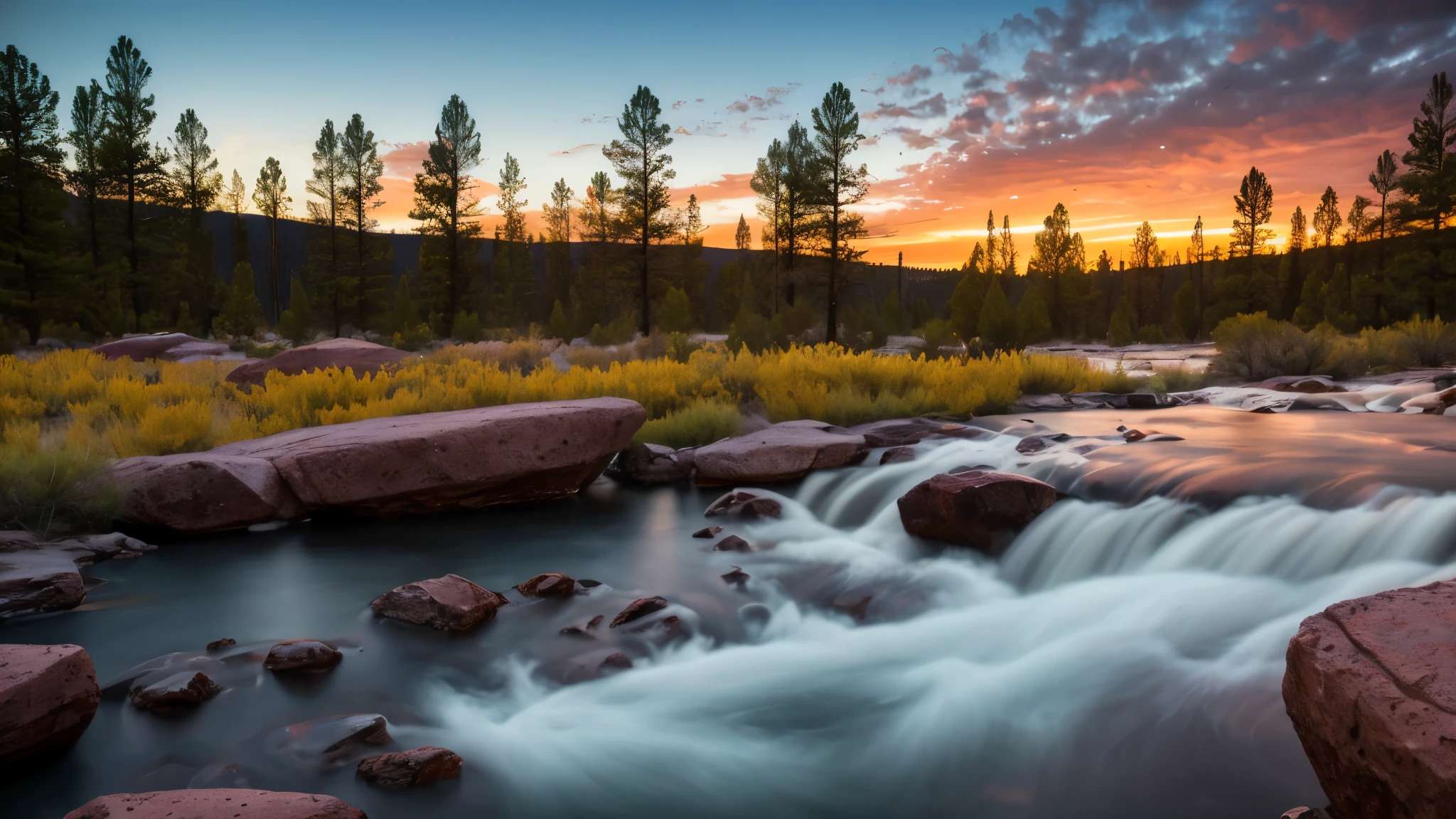 ground level photo within New Mexico Rocky Mountain Range, State Park, [perfect PM lighting conditions, with lots of reds orange yellow purples in the dusk sky] with a feeling of splendor and humility [after long hard rain with flowing water][spectacular large asteroid breaking into many pieces on reentry] [long exposure on wide format bellows camera] [rays of sunshine]  true film high dynamic range with infrared, award winning, legacy artwork, 8k [post-processing: adjust curves to "S", unsharp mask .25, dodge and burn, edge vignette]