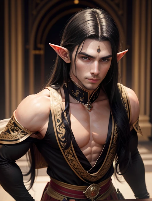 male elf, 30 year old, long black hair, beautiful face, rosto liso, symmetrical chin, serious expression, muscled body, silk clothing, crown on head, Royal Palace.