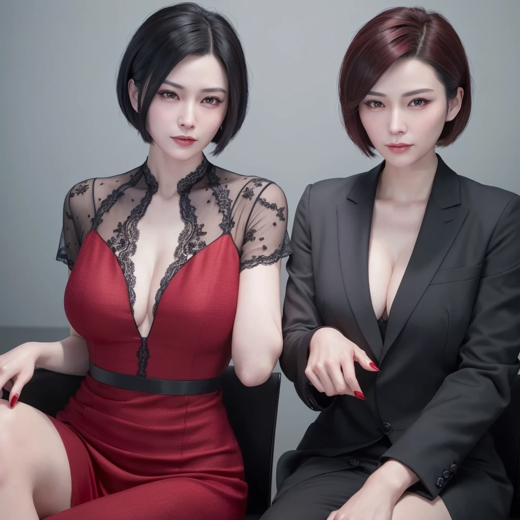 Ada Wong, beautiful face, detailed, bob hair, perfect Face, wearing red dress, black nail polish, friendly face, glare, shy & her husband, Peter Parker, handsome face, detailed, brown hair, blue eyes, perfect face, wearing a black suit, friendly face, glare.