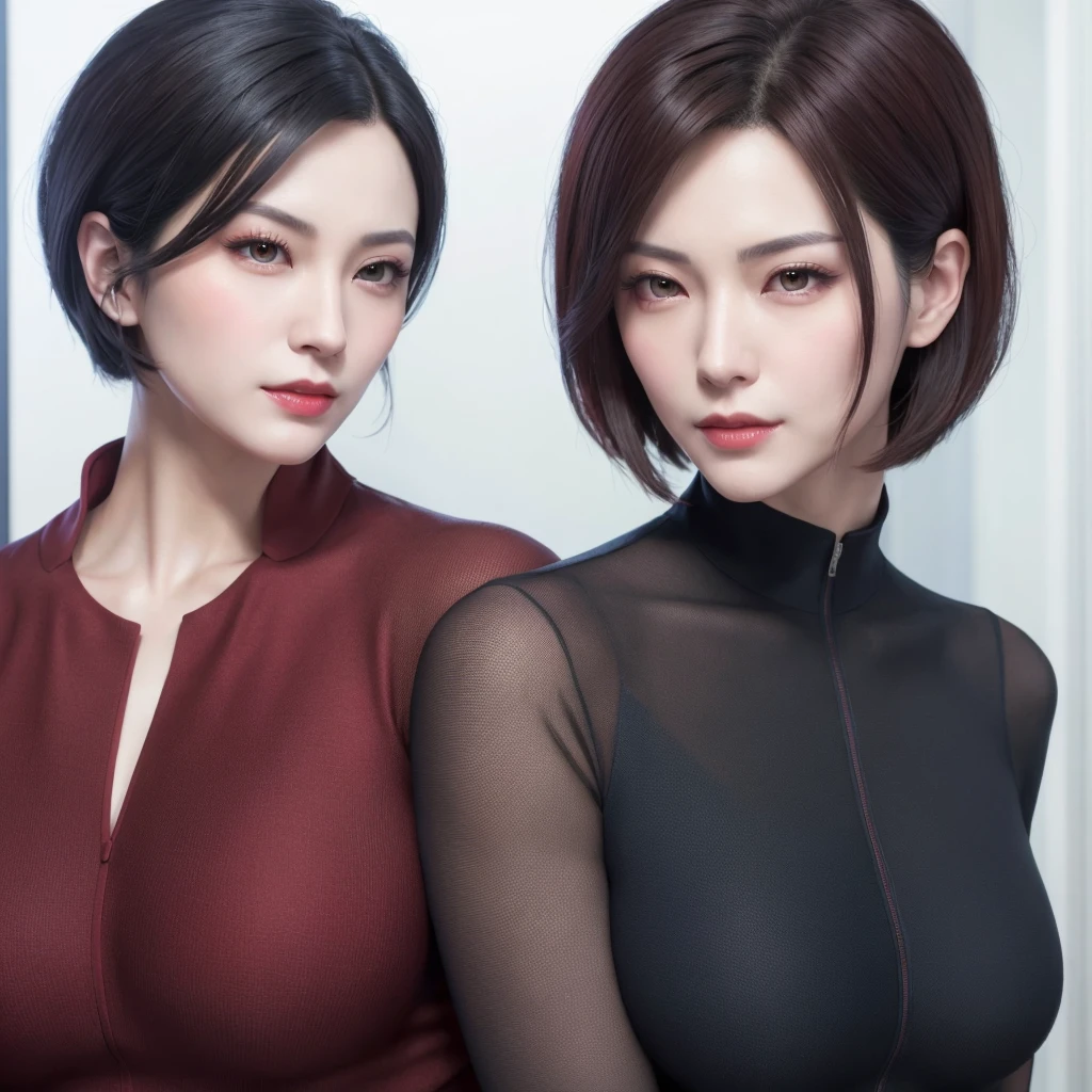 Ada Wong, beautiful face, detailed, bob hair, perfect Face, wearing red dress, black nail polish, friendly face, glare, shy & her husband, Peter Parker, handsome face, detailed, brown hair, blue eyes, perfect face, wearing a black suit, friendly face, glare.