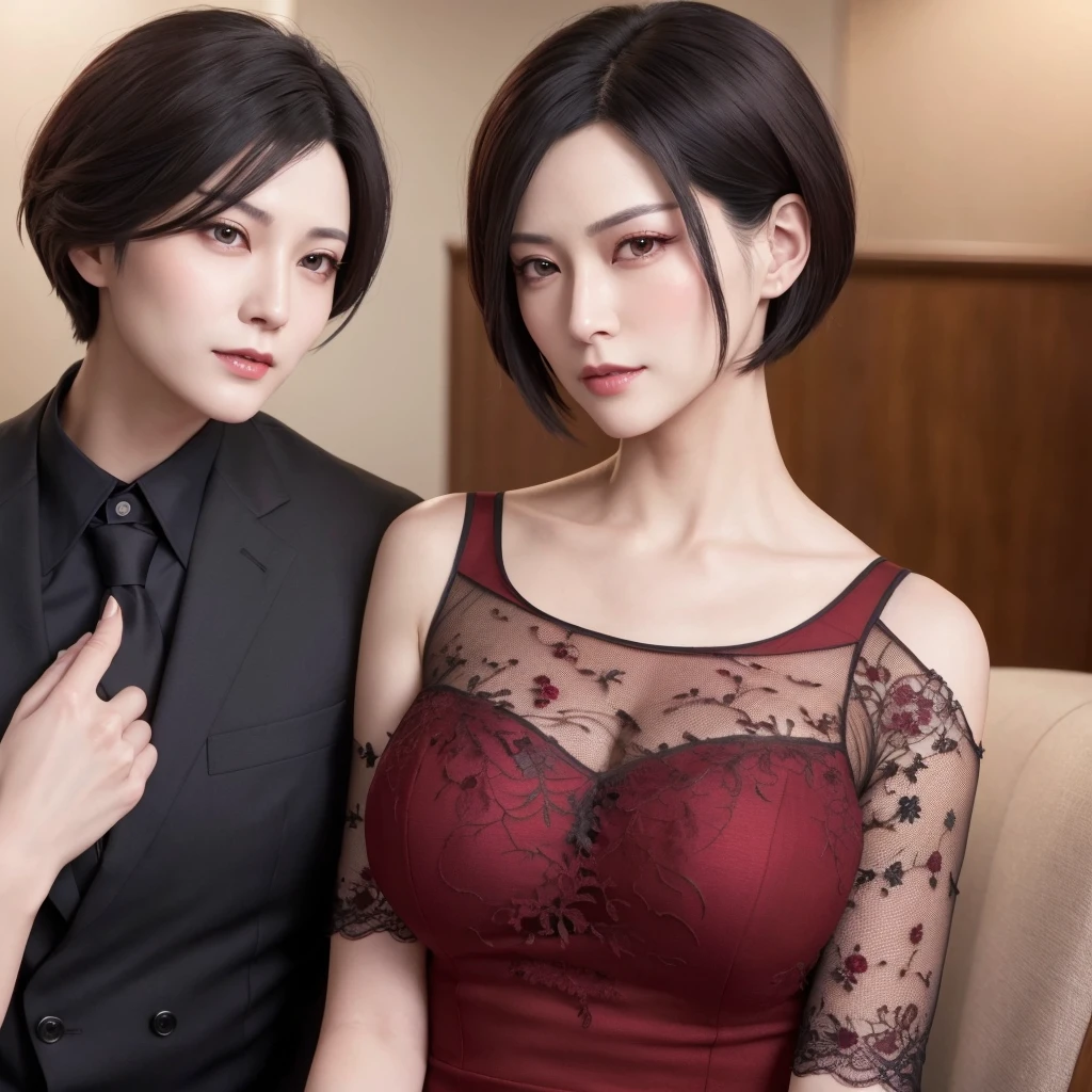 Ada Wong, beautiful face, detailed, bob hair, perfect Face, wearing red dress, black nail polish, friendly face, glare, shy & her husband, Peter Parker, handsome face, detailed, brown hair, blue eyes, perfect face, wearing a black suit, friendly face, glare.