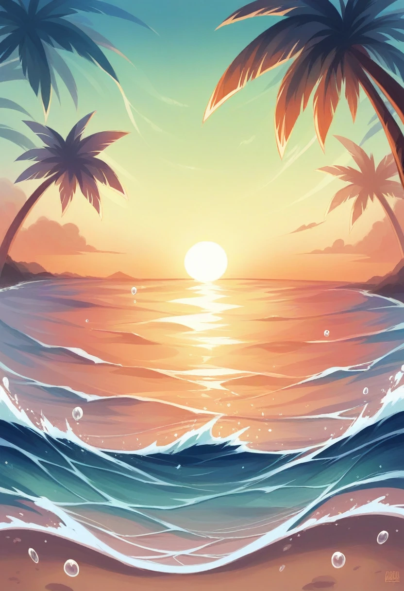 Captured a stunning wave at sunset on a tropical beach. The foreground is dominated by a large, curling wave, photographed from inside the barrel. The wave's surface is intricately detailed, showing the play of light and water droplets, creating a mesmerizing texture and pattern. The wave appears to be backlit, with golden sunlight filtering through its crest, creating a dramatic contrast against the deep blue water. Droplets and spray are visible at the top of the wave, frozen in time by the high-speed photography. In the background, a picturesque tropical shoreline is visible. Palm trees line the beach, their silhouettes stark against the colorful sky. The sunset paints the sky in soft hues of blue, pink, and orange, reflecting off the water's surface and creating a warm, golden glow on the beach.