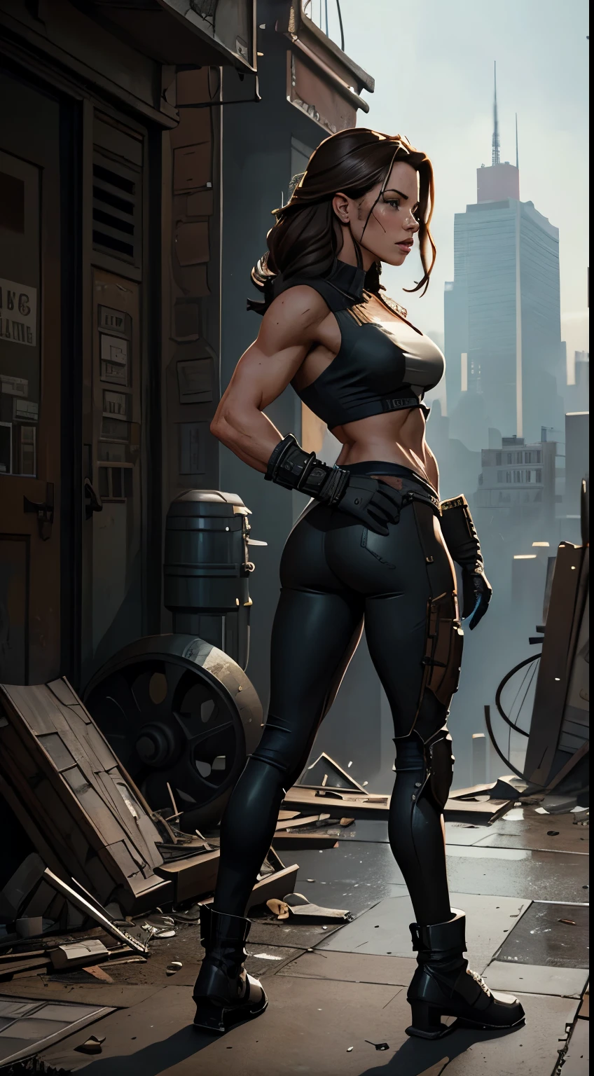 Full body shot, Muscular bodybuilder body type profile, Foto hiperrealista en primer plano de Kate Beckinsale, masterpiece, best quality, (photorealistic:1.4), Create dystopian masterpieces. Depict the cityscape in the gritty style of the game's concept art. This work should evoke a sense of abandonment and despair in a futuristic, post-apocalyptic world. Notice the intricacies of detail, the sharp focus.
