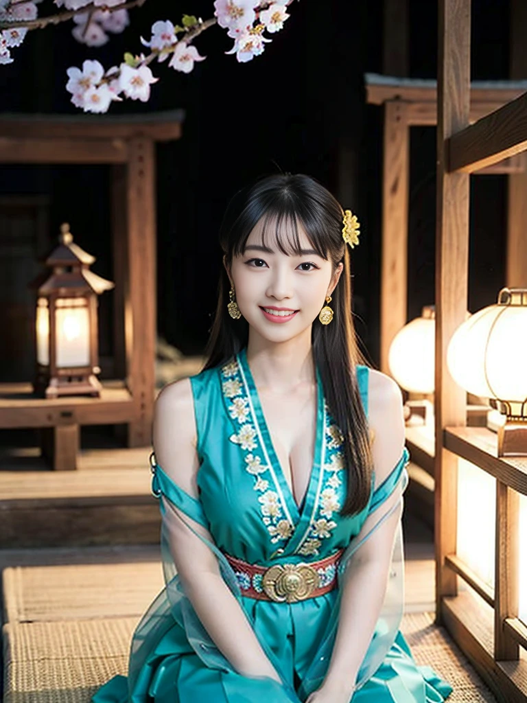 A girl , idol, detailed shrine maiden clothes, Full body shot, turquoise blue and gold shrine maiden clothes, Luxury shrine maiden clothes with detailed embroidery, bare shoulders, long hair, wearing transparent , best quality, (hair ornament:1.35), jewelry, earrings, cherry blossoms, lantern light, depth of field, detailed face, face focus, ribbon_trim, (looking at viewer:1.25), nontraditional miko, shiny skin, long sleeves, Beautiful firm cleavage, beautiful clavicle. big smile , thick lips, (blurry background:1.2), sitting, from below, Chinese style