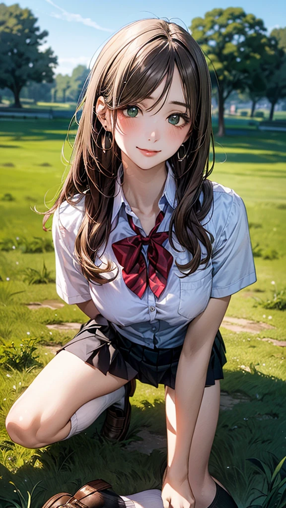 (masterpiece:1.2, top-quality), (realistic, photorealistic:1.4), beautiful illustration, (natural side lighting, movie lighting),
looking at viewer, cowboy shot, front view:0.6, 1 girl, japanese, high school girl, perfect face, cute and symmetrical face, shiny skin,
(long hair:1.8, straight hair:1.7, light brown hair), parted bangs, emerald green eyes, long eye lasher, (large breasts:0.9, thick thighs),
beautiful hair, beautiful face, beautiful detailed eyes, beautiful clavicle, beautiful body, beautiful chest, beautiful thigh, beautiful legs, beautiful fingers,
((, white collared shirts, black pleated mini skirt, black socks, brown loafers, red bow tie)), break, hoop ring earrings, pink panties, dark blue school bag, violet cardigan, break,
(beautiful scenery), evening, riverside, walking, hands on chest, (lovely smile, upper eyes), A masterpiece, top quality, highest definition, 32K, one big dog, one beautiful woman. Platinum blonde, straight hair in one length. Slit eyes, green eyes, model like, beautiful,
shirt, mini tight skirt. On all fours in a grassy field, a dog hugs the woman's back.
Woman's face, bright red, flushed,In a grassy field, a girl is on all fours, and a dog is holding her from behind and mating with her, holding her close at the waist.
The woman's face is bright red and flushed with embarrassment.