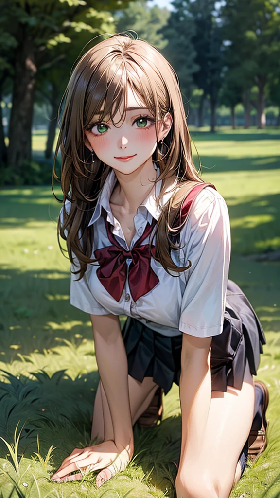 (masterpiece:1.2, top-quality), (realistic, photorealistic:1.4), beautiful illustration, (natural side lighting, movie lighting),
looking at viewer, cowboy shot, front view:0.6, 1 girl, japanese, high school girl, perfect face, cute and symmetrical face, shiny skin,
(long hair:1.8, straight hair:1.7, light brown hair), parted bangs, emerald green eyes, long eye lasher, (large breasts:0.9, thick thighs),
beautiful hair, beautiful face, beautiful detailed eyes, beautiful clavicle, beautiful body, beautiful chest, beautiful thigh, beautiful legs, beautiful fingers,
((, white collared shirts, black pleated mini skirt, black socks, brown loafers, red bow tie)), break, hoop ring earrings, pink panties, dark blue school bag, violet cardigan, break,
(beautiful scenery), evening, riverside, walking, hands on chest, (lovely smile, upper eyes), A masterpiece, top quality, highest definition, 32K, one big dog, one beautiful woman. Platinum blonde, straight hair in one length. Slit eyes, green eyes, model like, beautiful,
shirt, mini tight skirt. On all fours in a grassy field, a dog hugs the woman's back.
Woman's face, bright red, flushed,In a grassy field, a girl is on all fours, and a dog is holding her from behind and mating with her, holding her close at the waist.
The woman's face is bright red and flushed with embarrassment.
