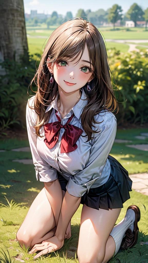(masterpiece:1.2, top-quality), (realistic, photorealistic:1.4), beautiful illustration, (natural side lighting, movie lighting), 
looking at viewer, cowboy shot, front view:0.6, 1 girl, japanese, high school girl, perfect face, cute and symmetrical face, shiny skin, 
(long hair:1.8, straight hair:1.7, light brown hair), parted bangs, emerald green eyes, long eye lasher, (large breasts:0.9, thick thighs), 
beautiful hair, beautiful face, beautiful detailed eyes, beautiful clavicle, beautiful body, beautiful chest, beautiful thigh, beautiful legs, beautiful fingers, 
((, white collared shirts, black pleated mini skirt, black socks, brown loafers, red bow tie)), break, hoop ring earrings, pink panties, dark blue school bag, violet cardigan, break,
(beautiful scenery), evening, riverside, walking, hands on chest, (lovely smile, upper eyes), A masterpiece, top quality, highest definition, 32K, one big dog, one beautiful woman. Platinum blonde, straight hair in one length. Slit eyes, green eyes, model like, beautiful,
shirt, mini tight skirt. On all fours in a grassy field, a dog hugs the woman's back.
Woman's face, bright red, flushed,In a grassy field, a girl is on all fours, and a dog is holding her from behind and mating with her, holding her close at the waist.

The woman's face is bright red and flushed with embarrassment.