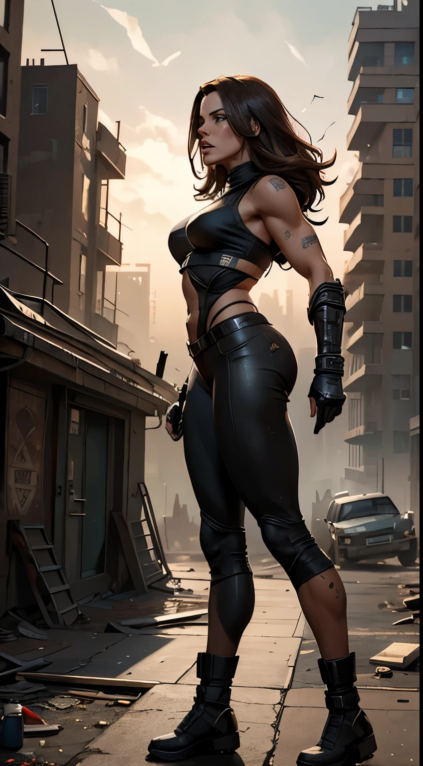 Full body shot, Muscular bodybuilder body type profile, Foto hiperrealista en primer plano de Kate Beckinsale, masterpiece, best quality, (photorealistic:1.4),  Create dystopian masterpieces. Depict the cityscape in the gritty style of the game's concept art. This work should evoke a sense of abandonment and despair in a futuristic, post-apocalyptic world. Notice the intricacies of detail, the sharp focus.