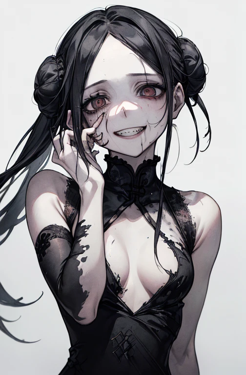(Place your hands behind your head)、(masterpiece: 1. 2, Highest quality), (Live Action, Exquisite detail), (Anatomically correct), (1 Girl, Upper Body, Small breasts, Eyes Wide Open, Scary atmosphere, Distorted representation, Wicked Smile, Bleeding eyes, Blood splatter, whole body, China dress, Twin tail bun, Black Hair, (Dark circles under the eyes), white, Sickly, Crazy Eyes, (Grin), Dramatic makeup, Mixed Media Art, whiteの背景