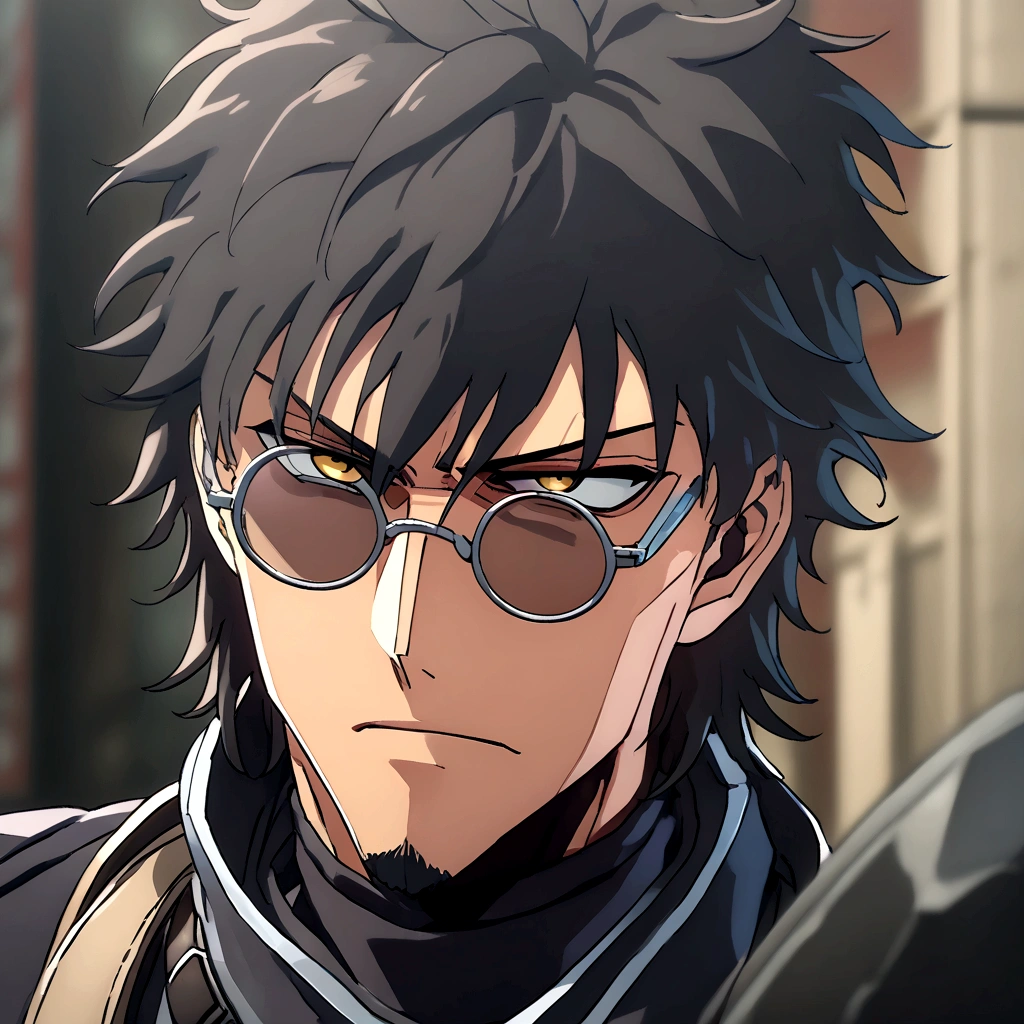 Anime man, shaved beard, serious face, black fluffy messy hair, black suit, cool, ((best quality)), black scarf, black waist straps, Fanny pack across shoulder, circle glasses, holding a great sword one handed, black turtleneck collar