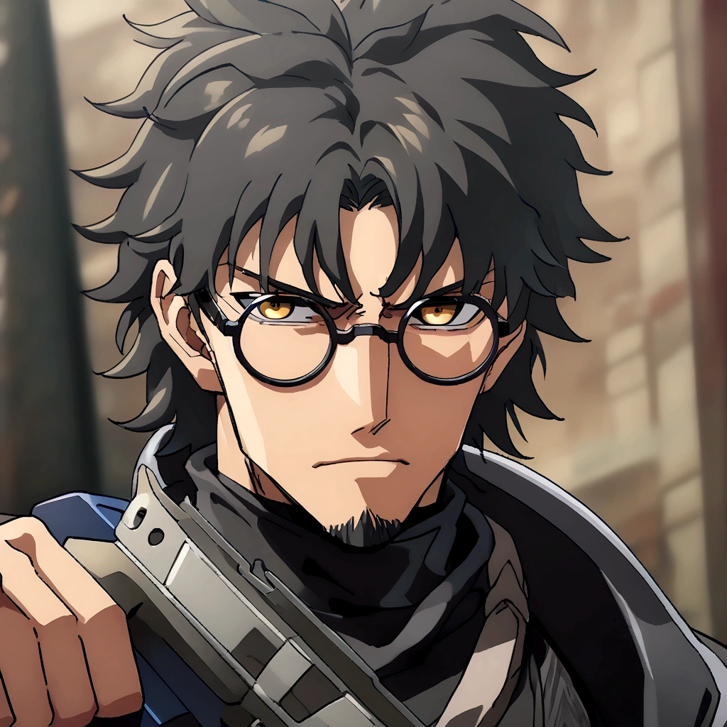 Anime man, shaved beard, serious face, black fluffy messy hair, black suit, cool, ((best quality)), black scarf, black waist straps, Fanny pack across shoulder, circle glasses, holding a great sword one handed, black turtleneck collar