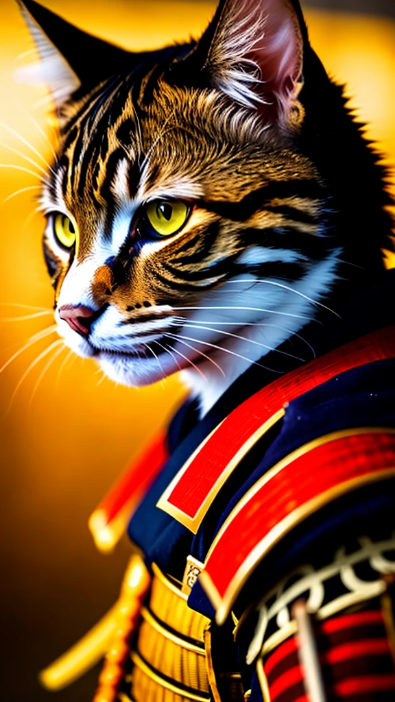 a cat, ((samurai outfit)), epic scene, dynamic camera, backlight, (close up:1.2), high quality photography, 3 point lighting, flash with softbox, 4k, Canon EOS R3, hdr, smooth, sharp focus, high resolution, award winning photo, 80mm, f2.8, bokeh