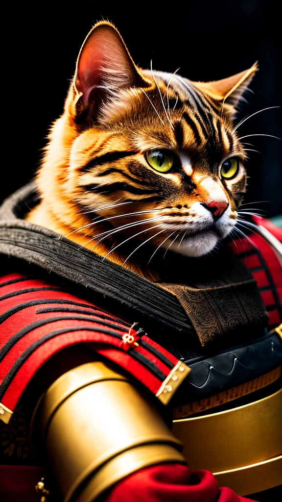 a cat, ((samurai outfit)), epic scene, dynamic camera, backlight, (close up:1.2), high quality photography, 3 point lighting, flash with softbox, 4k, Canon EOS R3, hdr, smooth, sharp focus, high resolution, award winning photo, 80mm, f2.8, bokeh