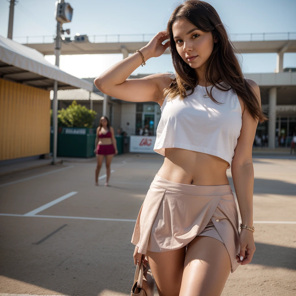 1girl in, 30 years old, Square face, Long hair, Looking at viewer, jewelry, Reality, Sexy, Short skirt outfit, , sports background, free pose