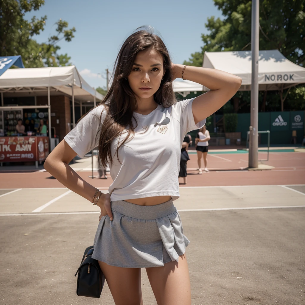 1girl in, 30 years old, Square face, Long hair, Looking at viewer, jewelry, Reality, Sexy, Short skirt outfit, , sports background, free pose