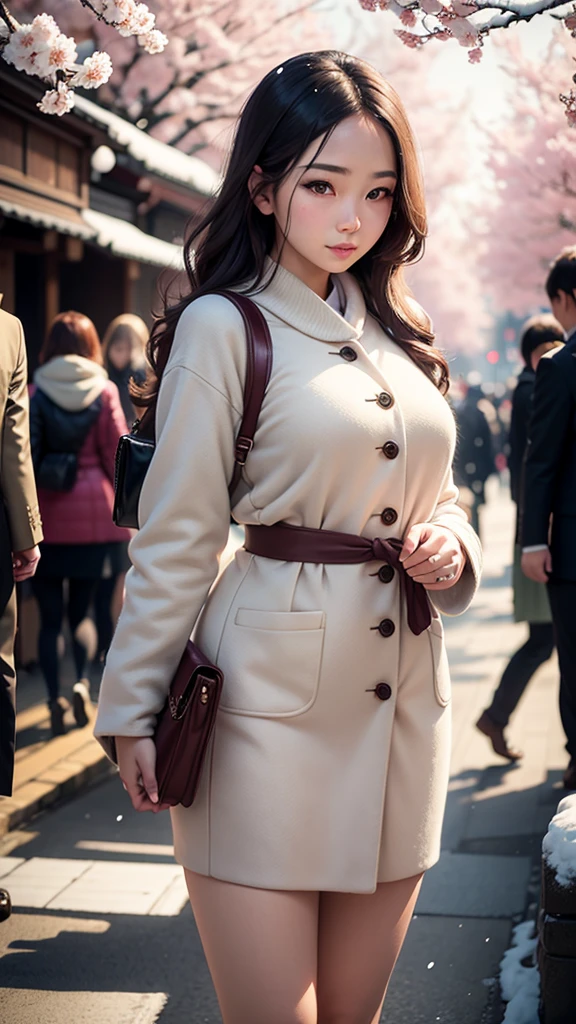 Beautifully dressed young woman, realistic image Living with the aesthetics, atmosphere, strolling around the Japanese city. There are cherry blossoms and snow. Wide viewing angle