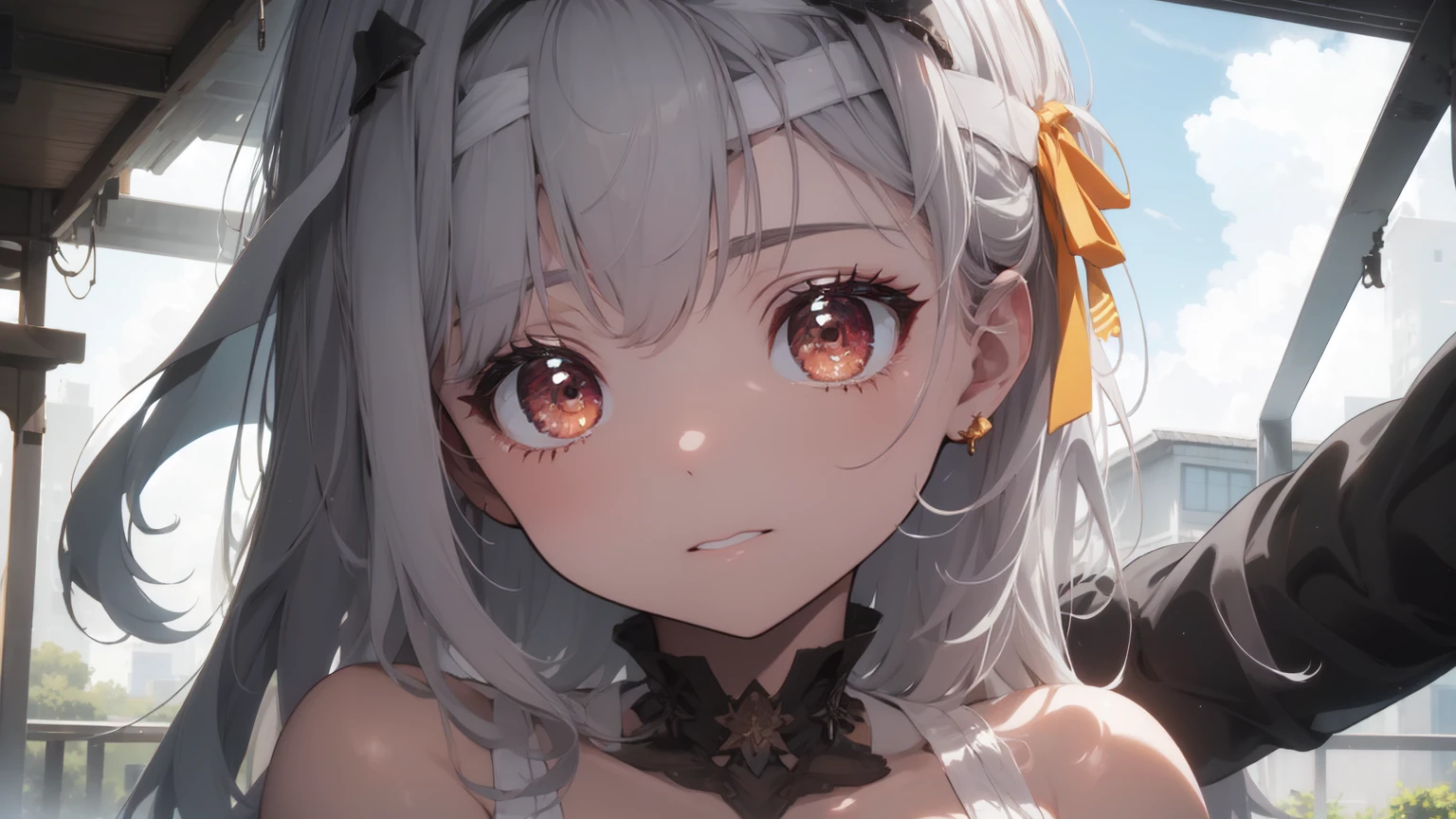 ((((Obra maestra, La mejor calidad, ultrahigh resolution)))), 1girl, standing, (cute maid costume), ((long pure silver hair and grey mesh hair, hair over eye)), long hair cut, pale skin, ((red eyes)), glowing_eyes, neon eyes, (ultra detailed eyes:0.7, beautiful and detailed face, detailed eyes:0.9), smile, ((wide shot)), facing viewer, ((vibrant background, bright lighting, summer, sunlight)), flat chested, looking at viewer, ((half closed eyes)), ((perfect hands)), (((head:1, arms, hips in view, elbows, arms, legs, in view))), ((hands behind back)), empty eyes, beautiful lighting, ((outside, outdoors)), defined subject, head tilt, (((gritty)), ((creepy)), ((cool)), ((beautiful)), (((SFW)))