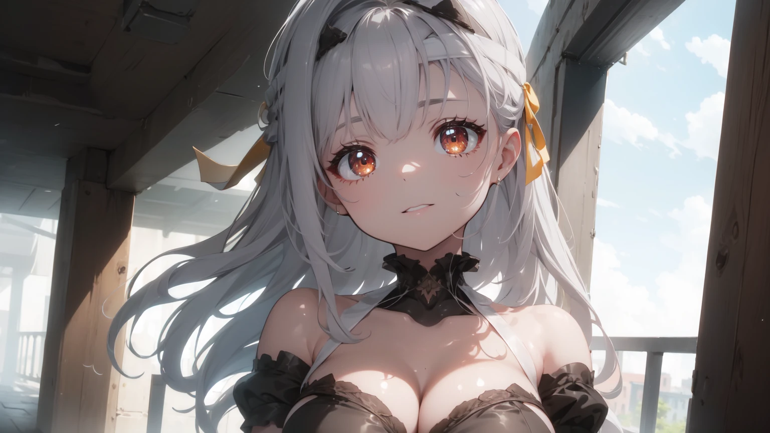 ((((Obra maestra, La mejor calidad, ultrahigh resolution)))), 1girl, standing, (cute maid costume), ((long pure silver hair and grey mesh hair, hair over eye)), long hair cut, pale skin, ((red eyes)), glowing_eyes, neon eyes, (ultra detailed eyes:0.7, beautiful and detailed face, detailed eyes:0.9), smile, ((wide shot)), facing viewer, ((vibrant background, bright lighting, summer, sunlight)), flat chested, looking at viewer, ((half closed eyes)), ((perfect hands)), (((head:1, arms, hips in view, elbows, arms, legs, in view))), ((hands behind back)), empty eyes, beautiful lighting, ((outside, outdoors)), defined subject, head tilt, (((gritty)), ((creepy)), ((cool)), ((beautiful)), (((SFW)))