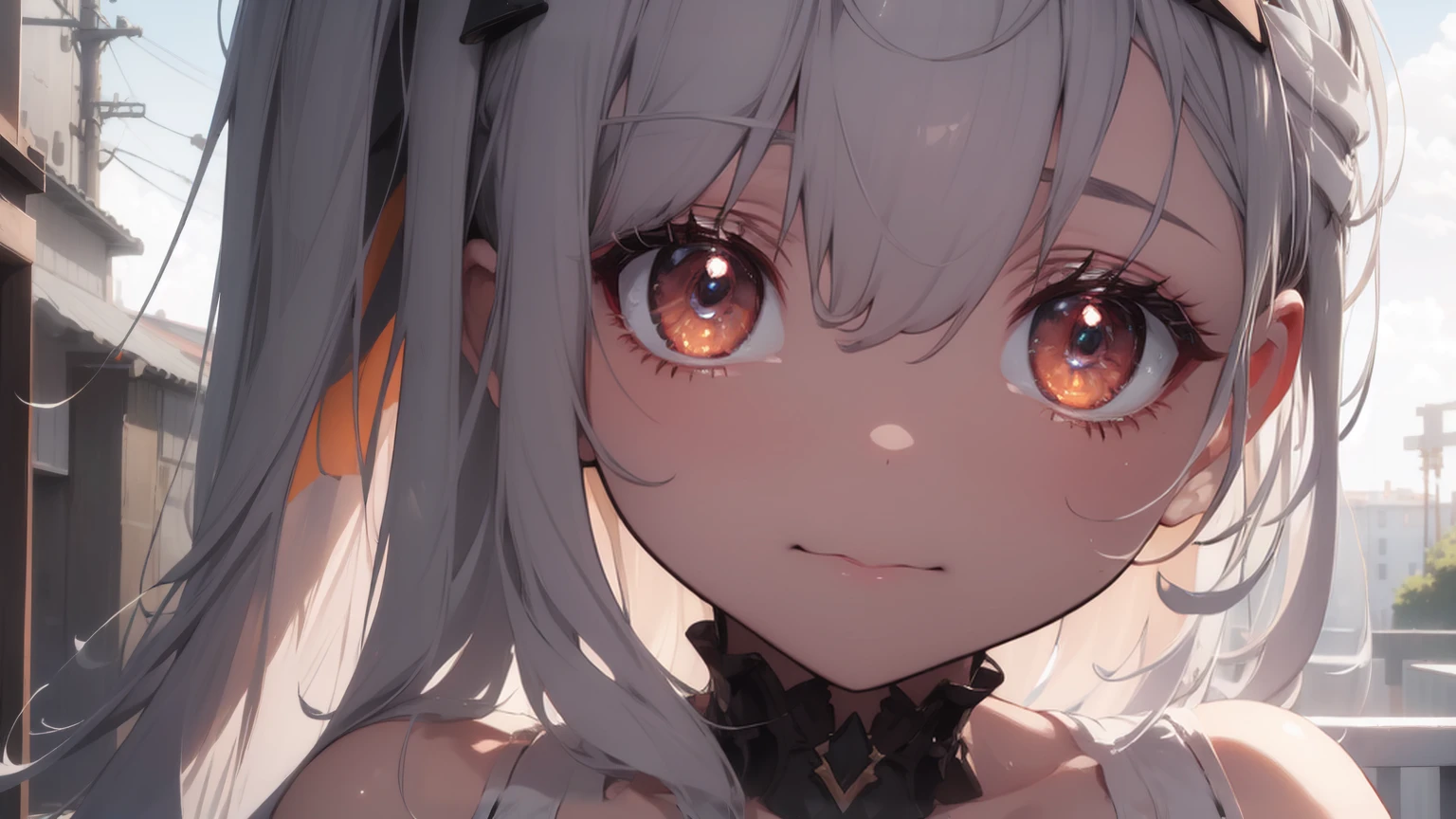 ((((Obra maestra, La mejor calidad, ultrahigh resolution)))), 1girl, standing, (cute maid costume), ((long pure silver hair and grey mesh hair, hair over eye)), long hair cut, pale skin, ((red eyes)), glowing_eyes, neon eyes, (ultra detailed eyes:0.7, beautiful and detailed face, detailed eyes:0.9), smile, ((wide shot)), facing viewer, ((vibrant background, bright lighting, summer, sunlight)), flat chested, looking at viewer, ((half closed eyes)), ((perfect hands)), (((head:1, arms, hips in view, elbows, arms, legs, in view))), ((hands behind back)), empty eyes, beautiful lighting, ((outside, outdoors)), defined subject, head tilt, (((gritty)), ((creepy)), ((cool)), ((beautiful)), (((SFW)))