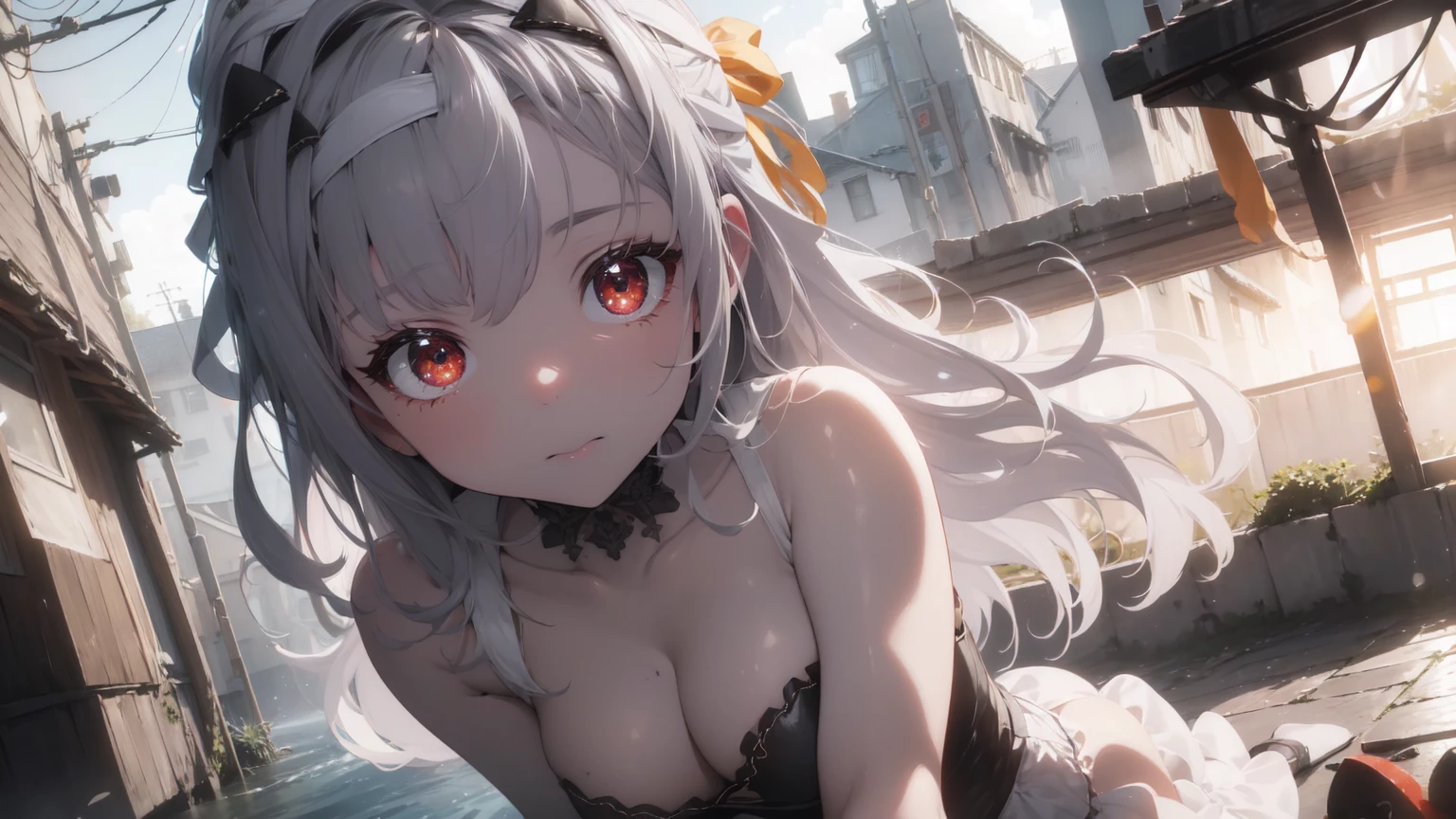 ((((Obra maestra, La mejor calidad, ultrahigh resolution)))), 1girl, standing, (cute maid costume), ((long pure silver hair and grey mesh hair, hair over eye)), long hair cut, pale skin, ((red eyes)), glowing_eyes, neon eyes, (ultra detailed eyes:0.7, beautiful and detailed face, detailed eyes:0.9), smile, ((wide shot)), facing viewer, ((vibrant background, bright lighting, summer, sunlight)), flat chested, looking at viewer, ((half closed eyes)), ((perfect hands)), (((head:1, arms, hips in view, elbows, arms, legs, in view))), ((hands behind back)), empty eyes, beautiful lighting, ((outside, outdoors)), defined subject, head tilt, (((gritty)), ((creepy)), ((cool)), ((beautiful)), (((SFW)))