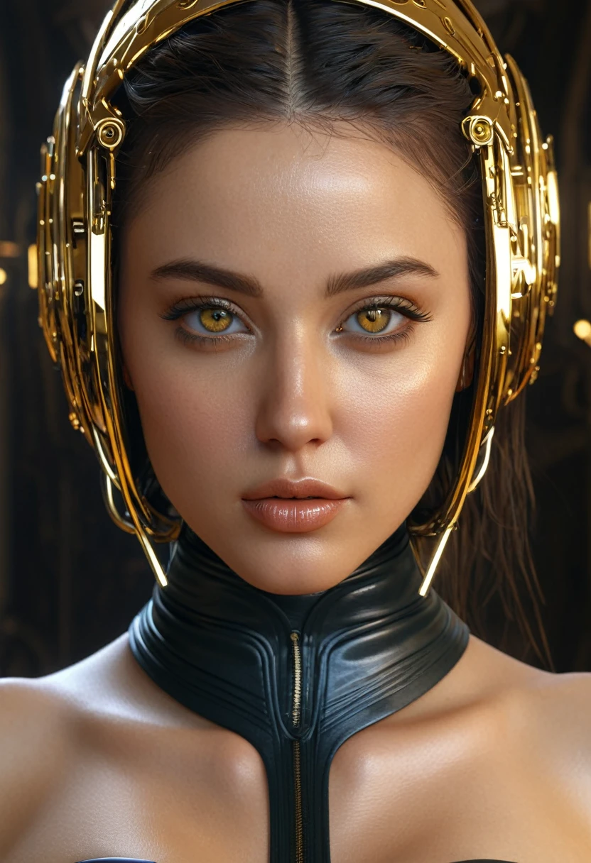 waist-high portrait [woman as:0.3] (Face and leather from gold:1.3) very cute girl gorgeous princess (with leather covered with gold:1.3) on an accidental background, beautiful body, Gold 3D animation, scifi, futuristic, utopian, machine parts, body parts, wires, circuits, highly detailed, octane render, Purity, smooth soft skin, symmetrical, soft lighting, detailed face, concept art, digital painting, looking into camera, sf, intricate artwork masterpiece, ominous, matte painting movie poster, golden ratio, trending on cgsociety, intricate, epic, trending on artstation, rtx, detailed face, quality eyes, 8k, 85 mm f1.8