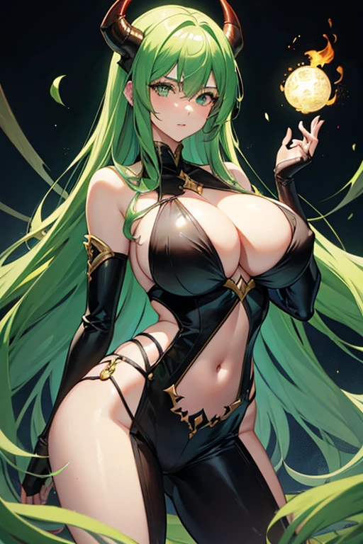 long hair, green eyes, devil, huge breasts,